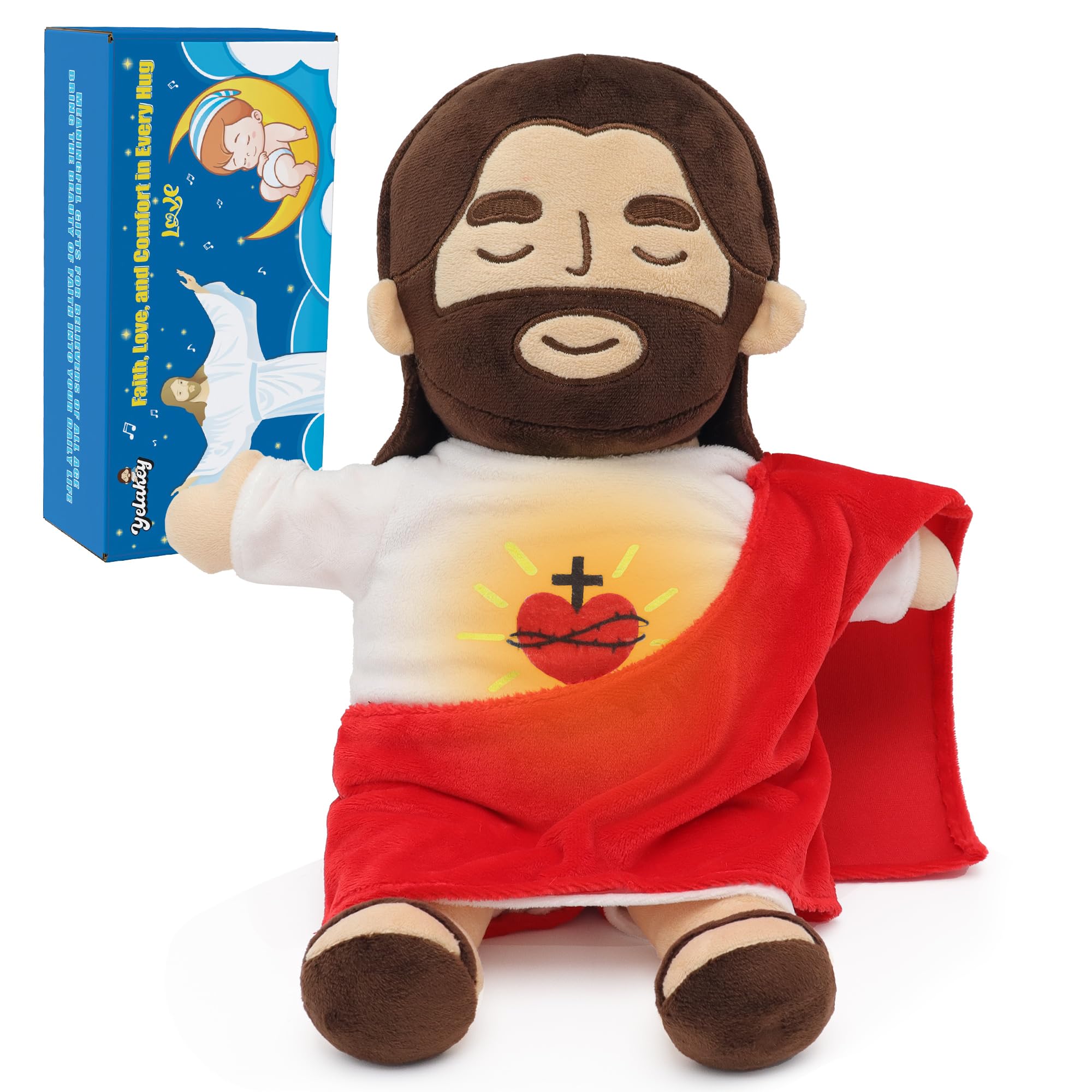 Yelakey Jesus Plush That Breathes, Jesus Stuffed Doll with Glow&Songs, Easter Toy Savior Doll for Church Sunday School Religious Easter Gift for Kids (Brown)