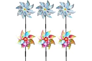 YITLA 6 Pack Windmills for Yard,Reflective Pinwheels with Stakes,Pinwheels for Yard and Garden,Bird Deterrents for 0utside,Sparkly Windmills for Garden Decor Scare Birds Away (3 Silvery+3 Rainbow)