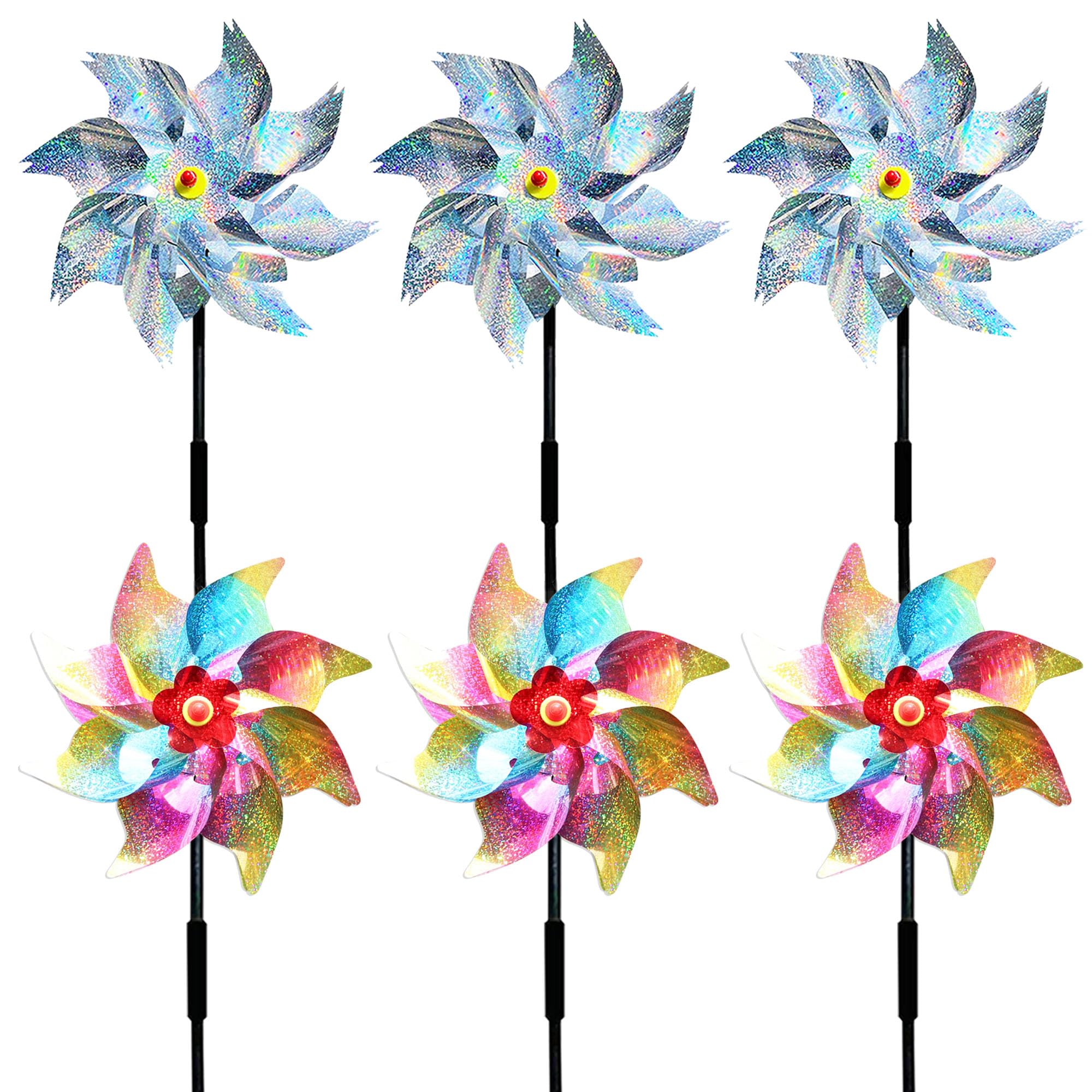 6PCS Bird Scarers Multicolour Reflective Bird Deterrent Windmills for Garden - 3Pcs Silver & Rainbow