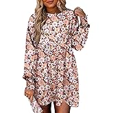 Dokotoo Casual Dresses for Women Flowy Boho Floral Long Sleeve Empire Waist Babydoll Mini Dress