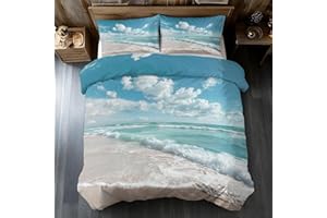 Ocean Beach Duvet Cover Queen Size, Sea View Coastal Bedding Set 3 pcs with 2 Pillow Covers, Seaside Bedroom Decor, Soft Micr