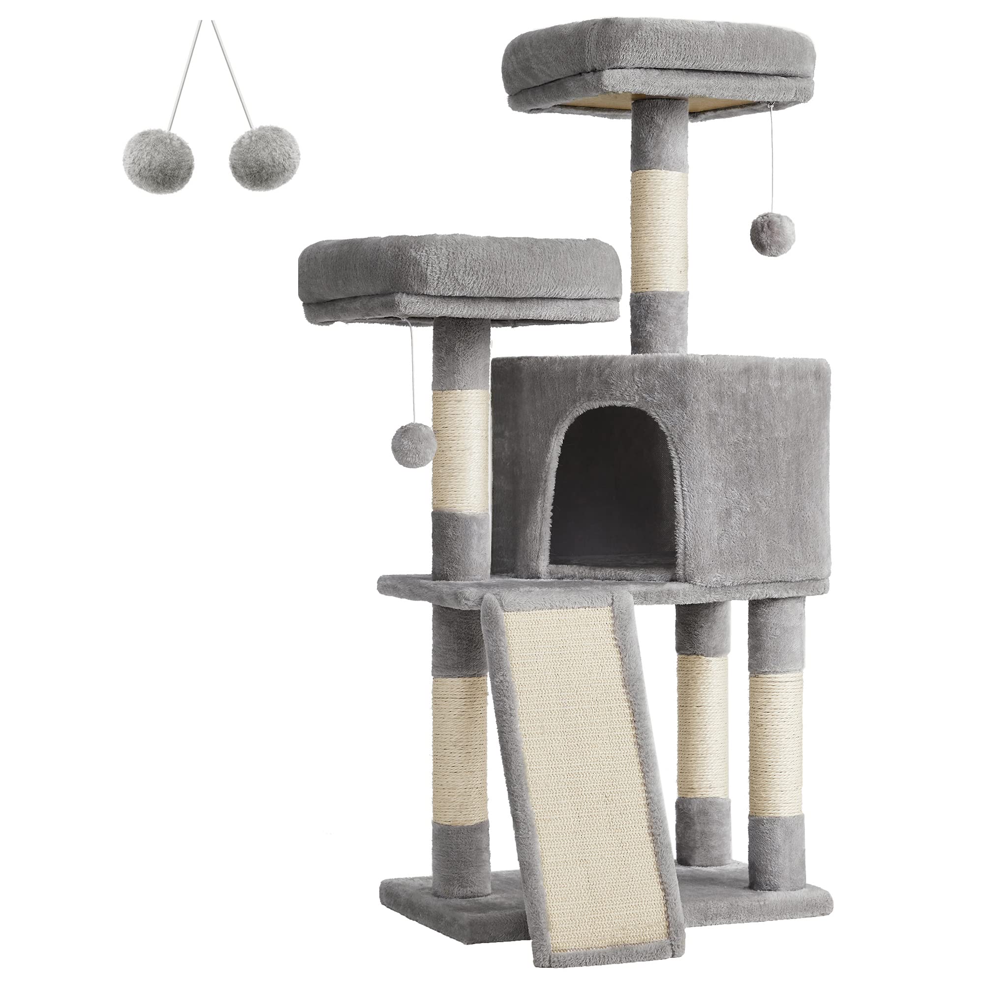 FEANDREA Cat Tree, Cat Condo 115 cm, Scratching Ramp, Light Grey PCT141W01