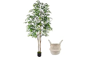 Warmplants Artificial Ficus Tree, 7ft Silk Fake Ficus Leaves Plant with Basket, Indoor Outdoor Faux Green Tree for Home Garden Office House Livingroom Décor