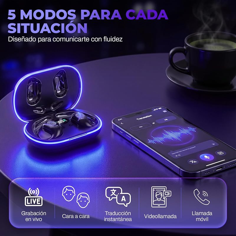 IA Auriculares Traductor en Tiempo Real, Traductor instantaneo de Voz 144 Idiomas, 3 en 1, Auriculares traductores inalambricos, Bluetooth 6.1, 60h bateria — foto 3 de 8