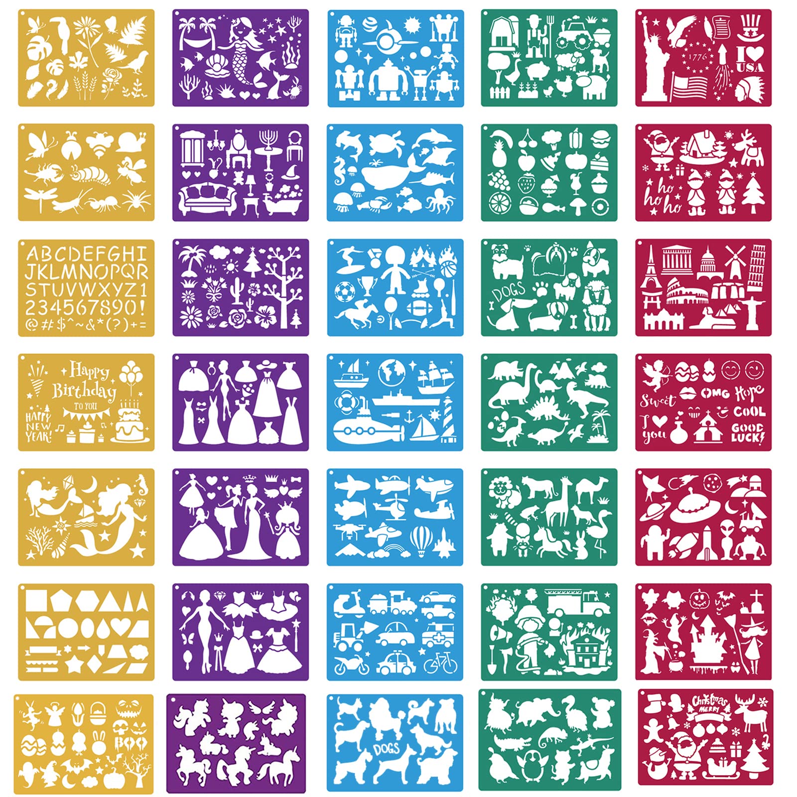 Stencils for Kids,35 PCS Drawing Stencils Templates Kids Reusable Plastic Stencils with Variety of Themes/Shapes,Girls Boys Christmas Birthday Gift