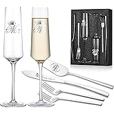 iooiluxry Wedding Cake Knife and Server Set, Bride Groom Mr and Mrs Champagne Flutes Glasses, Cake Cutting Set for Wedding with Forks, Bridal Shower Gifts Wedding Anniversary Engagement Gifts