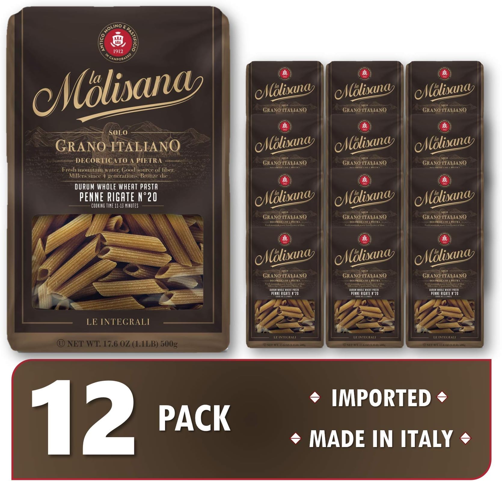 La Molisana Imported Pasta | Premium Italian, Durum Whole Wheat | Authenic Italiano Flavor (1.1lbs each) (Penne Regate, 12pk)