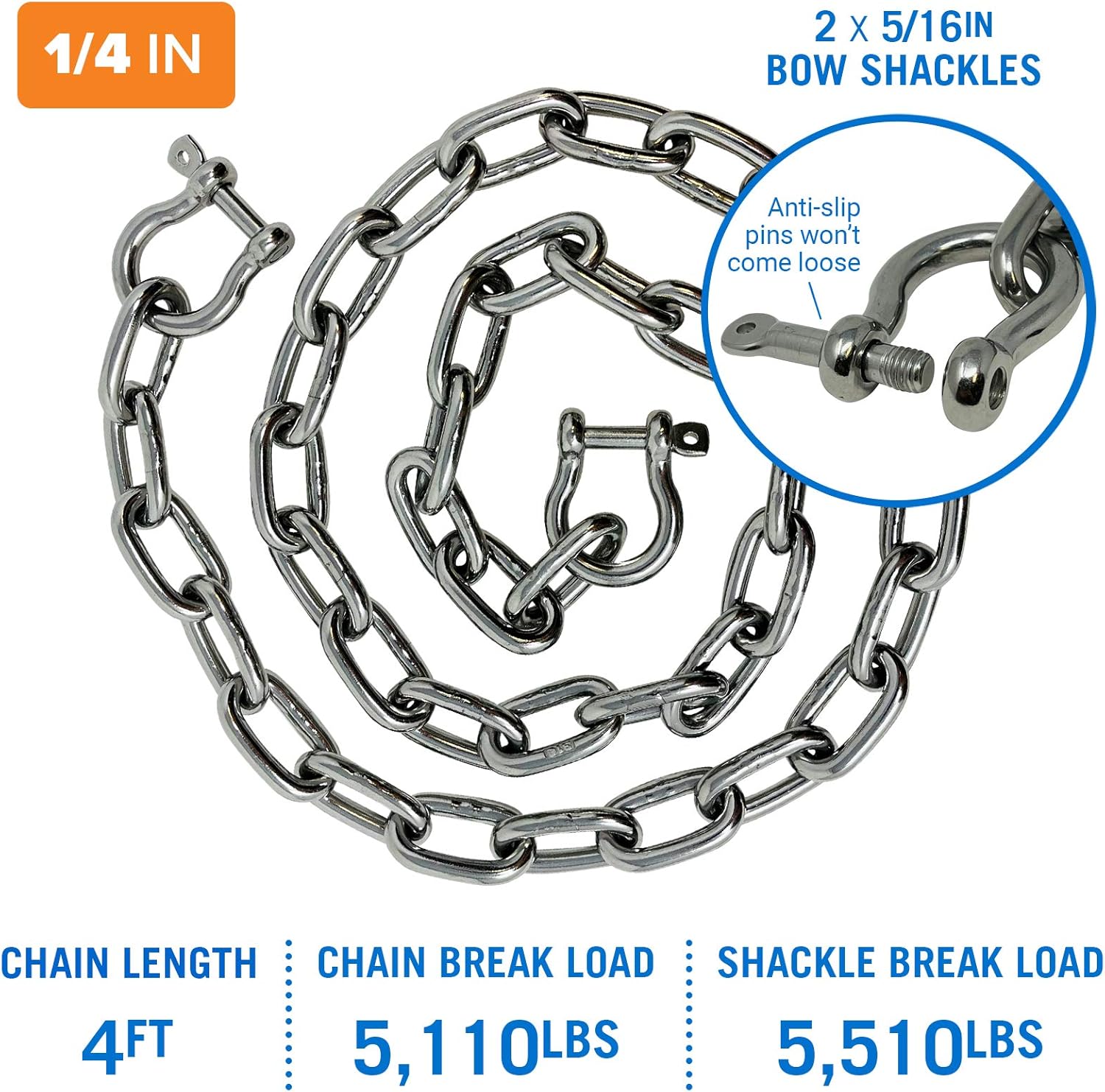Better Boat 4 Foot 1/4" Stainless Steel Anchor Chain and Double Shackle Link Ends Marine Grade : Sports & Outdoors