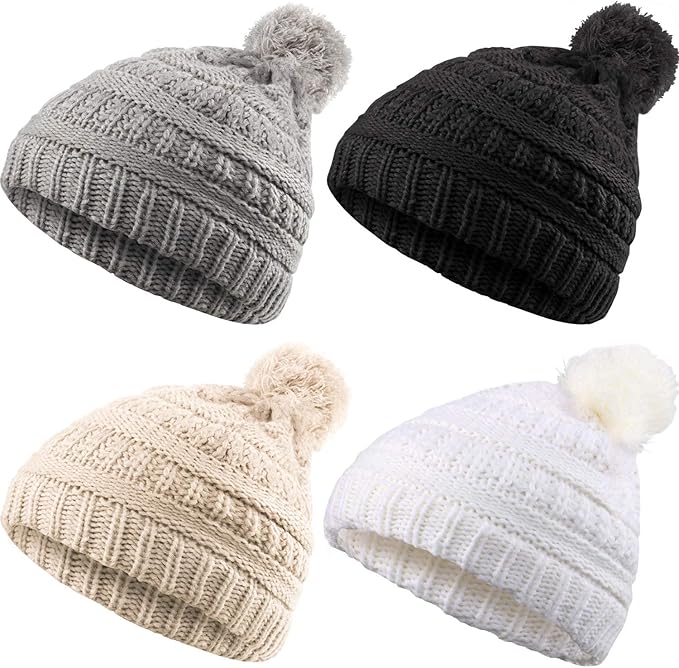 4 Pieces Kids Winter Warm Knit Hat Toddler Beanie Hats with Pompom