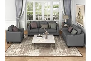 FANYE 3 Pieces Living Room Furniture Sets Include Sofa, Loveseat and Armchair, Linen Fabric Upholstered Sectional Couch with Classical Rivets Decor and Tufted Back Cushions, Gray Sofa & Couch