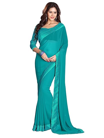 Faux Georgette Plain Matching Lace Border Saree For Women With Un-stitched Blouse Piece