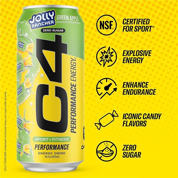 CELLUCOR C4 PERFORMANCE ENERGY DRINK | JOLLY RANCHER GREEN APPLE | ZERO SUGAR CARBONATED PREWORKOUT ENERGY | 200MG CAFFEINE WITH BETA ALANINE | 16 FL OZ (12 PACK)