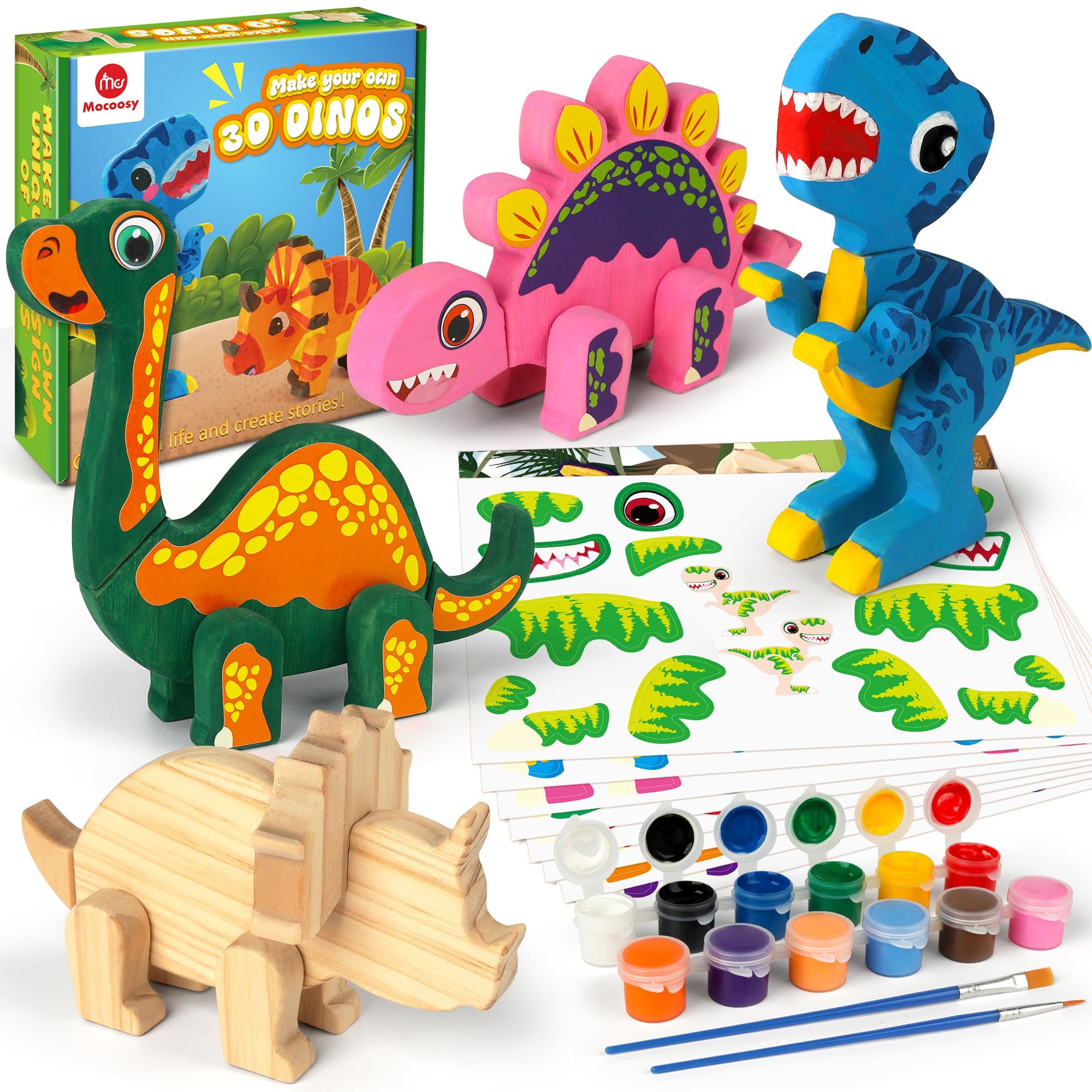 Mocoosy Wooden Dinosaur Painting Art and Craft Kits for Kids 3-8, Build & Decorate Your Own Dinos with Paint and Stickers, Wood Dinosaur T-Rex Stem Game Montessoi Toys Educational Gifts for Boys Girls