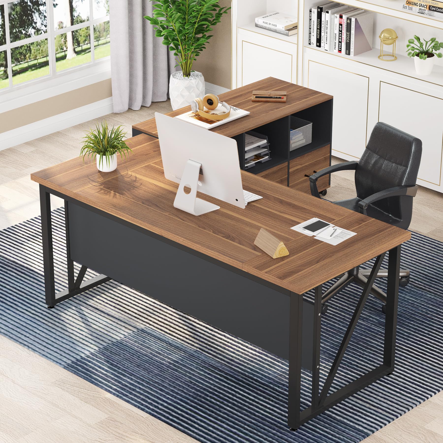 Photo 1 of Tribesigns 63 inches Executive Desk and 47" lateral File Cabinet, L-Shaped Computer Desk Home Office Business Furniture with Drawers and Storage Shelves, Office Table,Brown and Black