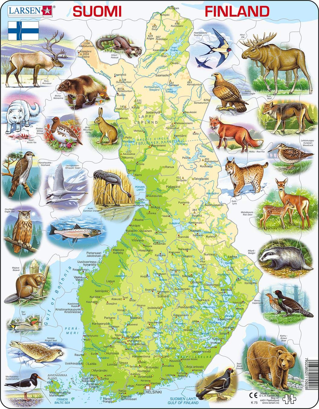 Larsen K75 Finland Map Puzzle – 78-Piece Tray & Frame Jigsaw for Ages 8+, Educational Geography & Wildlife Puzzle, Eco-Friendly & Durable