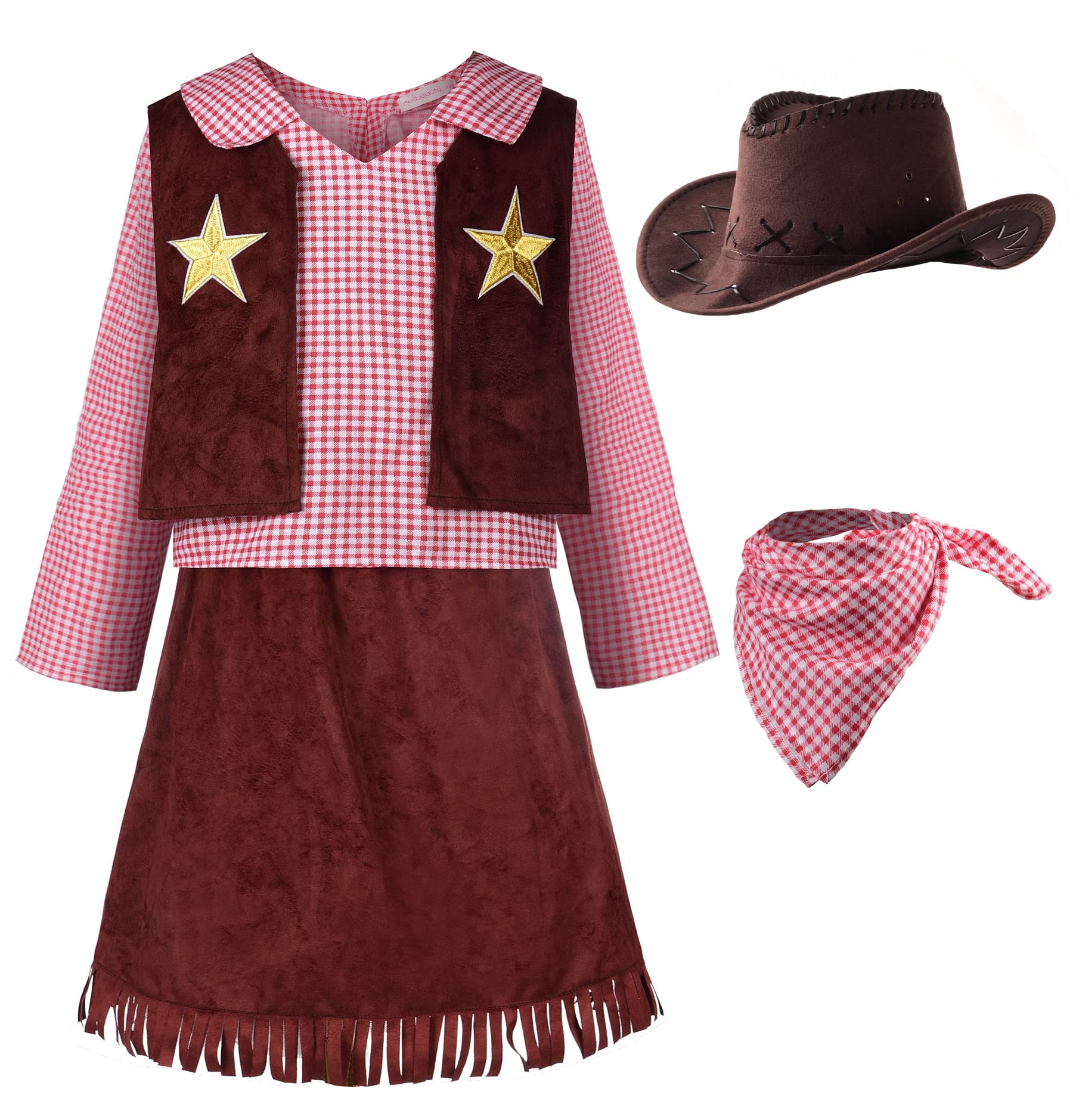 ReliBeauty Western Cowgirl Costume for Girls Funny Holiday Party Princess Dress Up Outfit for Kids Brown,3-4(100)