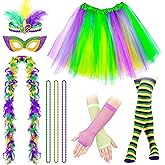 Ahzemepinyo 9 Pcs Mardi Gras Costume Accessories Set Include Mardi Gras Scarf Tutu Skirt Headband Beads Necklaces Gloves and Striped Knee Length Socks for Women Carnival Party Supplies