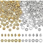 PH PandaHall 240pcs 12 Styles Spacer Beads Bracelet Beads Tibetan Style Rondelle Beads Flower Column Beads for Jewellery Making Friendship Bracelet Necklace DIY Crafts 5~7.5mm, Silver/Golden