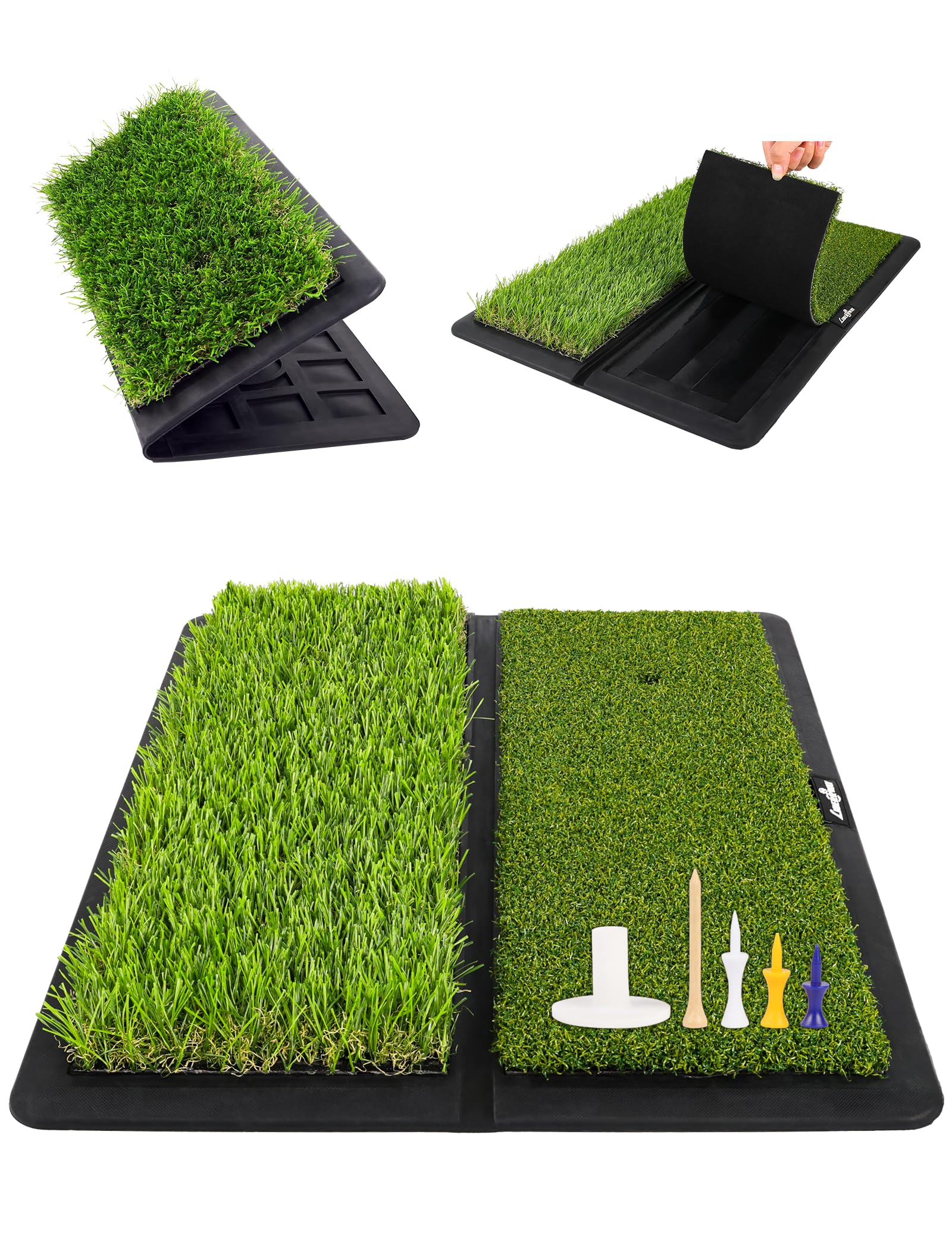LIBERRWAY Golf Mat, Foldable & Replaceable Golf Hitting Mat with Fairway and Rough Synthetic Turf, Golf Practice Mat Include 5 Tees for Indoor and Outdoor