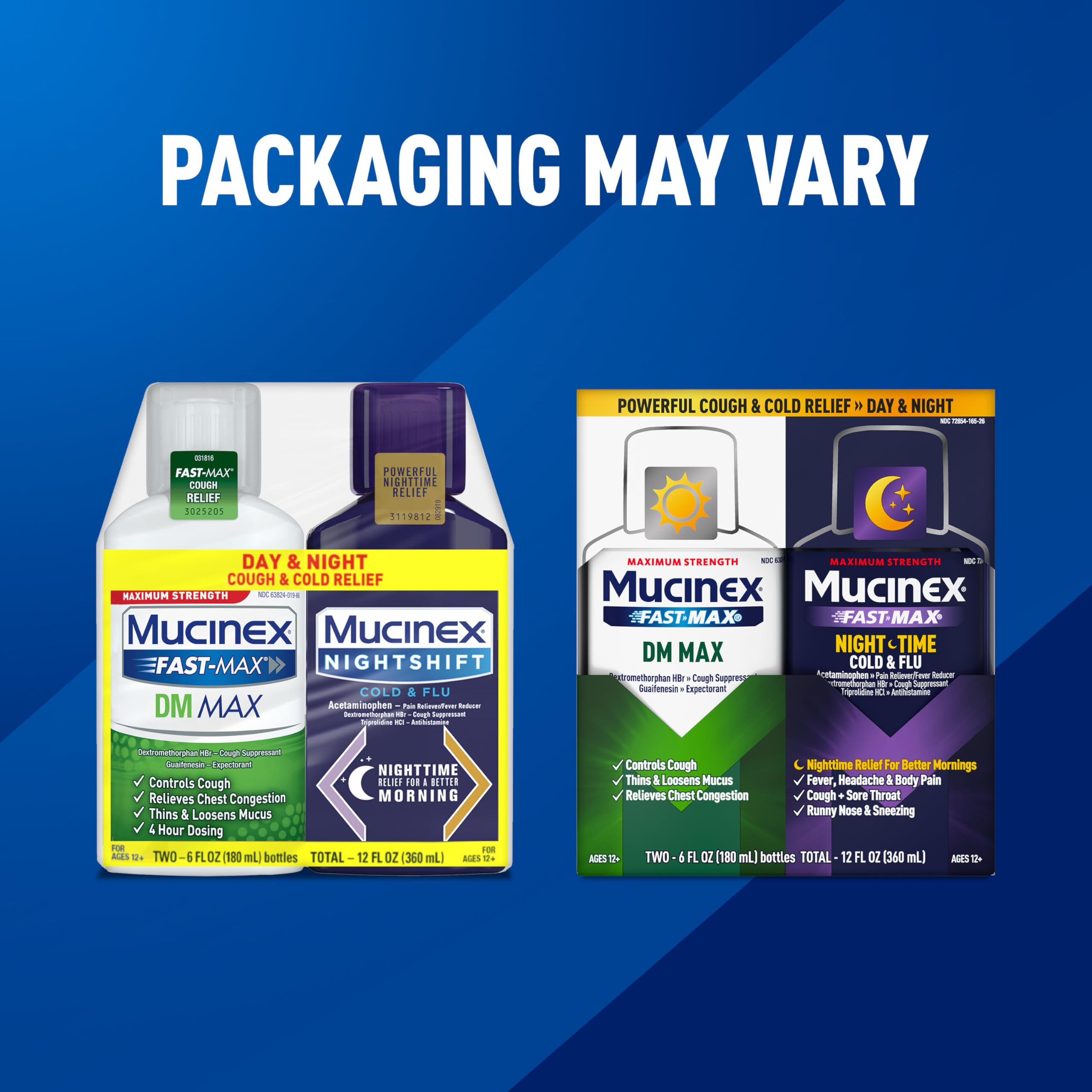 Maximum Strength Mucinex FastMax DM Max & Mucinex Nightshift Cold & Flu Liquid (2 x 6 fl. oz.) Thins & Loosens Mucus, Relieves Cough & Chest Congestion, Pain, Fever, Sneezing, Sore Throat, Runny Nose
