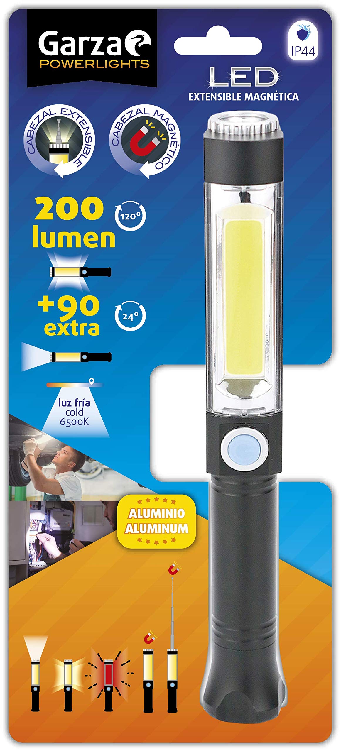 Garza Aluminium LED Torch with Magnetic Tip Extendable and Flexible and Cool Light 6500K on Side 200LM and Front 90LM. IP44, Black, M