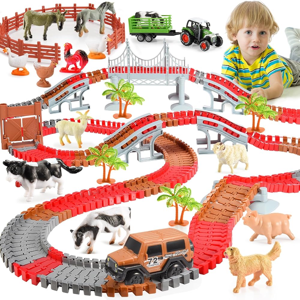 EUTOYZ Farm Animal Truck Toy Race Track Set for Boys Toddlers Age 2-6 Years