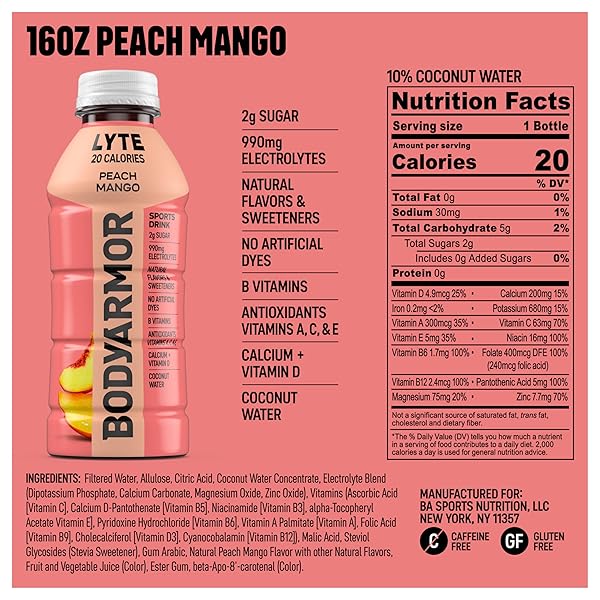 BODYARMOR LYTE SPORTS DRINK LOW-CALORIE SPORTS BEVERAGE, PEACH MANGO, NATURAL FLAVORS WITH VITAMINS, POTASSIUM-PACKED ELECTROLYTES, NO PRESERVATIVES, PERFECT FOR ATHLETES, 16 FL OZ