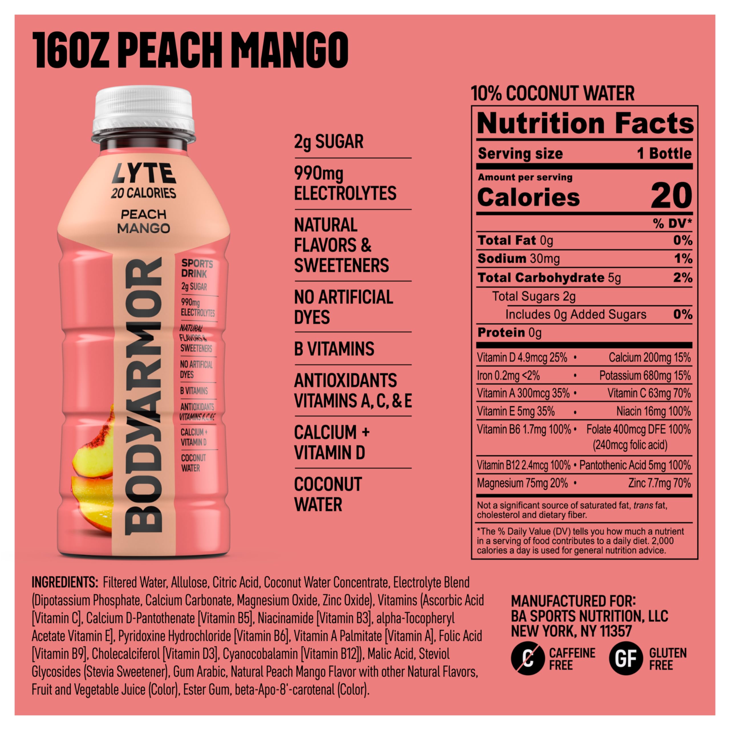BODYARMOR LYTE Sports Drink Low-Calorie Sports Beverage, Peach Mango, Coconut Water Hydration, Natural Flavors With Vitamins, Potassium-Packed Electrolytes, Perfect For Athletes, 16 Fl Oz (Pack of 12)