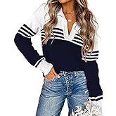 CiCiBird Women Fall V Neck Sweater Color Block Polo Long Sleeve Shirt Casual Loose Striped Pullover Sweaters