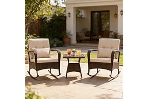 COSTWAY Outdoor Rocking Chairs Set of 2, 3 Piece PE Wicker Patio Bistro Set with Coffee Table & Thick Cushions, Rattan Patio 