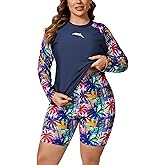 Halcurt Women's Built in Bra Long Sleeve Rash Guard Plus Size 2 Piece Swimsuit Shirt and Shorts