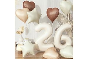 GOVPY Cream 26 Balloons Decor, Beige Brown White Sand Foil Star Heart Balloon Decor, Large Helium Nude Tan Boho Neutral Number 26 Balloon for Women 26th Birthday Anniversary Party Decoration Supplies