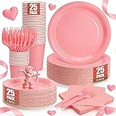 CENLBJ Pink Paper Plates for Party, Disposable Plates and Napkins Party Supplies Serves 25, 7&9inch Plates and Napkins Cups Forks Tableware Set for Valentines Day, Baby Shower,Wedding, Birthday