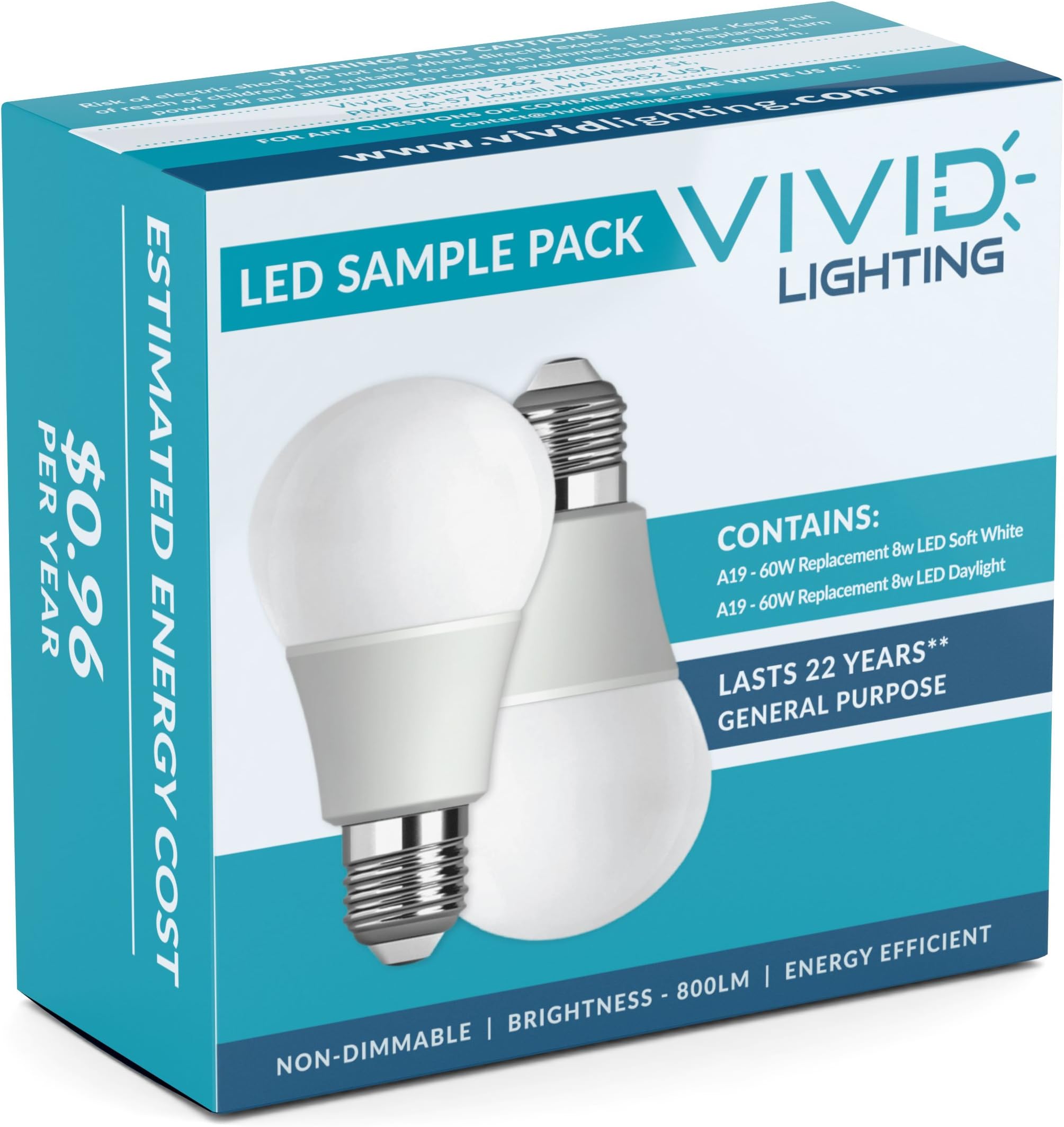 Vivid Lighting LED Bulbs, 60 Watt Replacement, 8W, 800 Lumens, 2 Pack, Soft White, Daylight