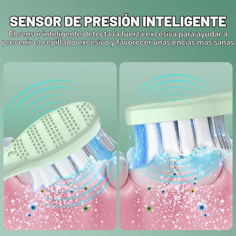 Escova de dentes sónica para adultos, escova elétrica recarregável com 5 modos de limpeza, 3 níveis de intensidade, sensor de pressão inteligente (Verde)
