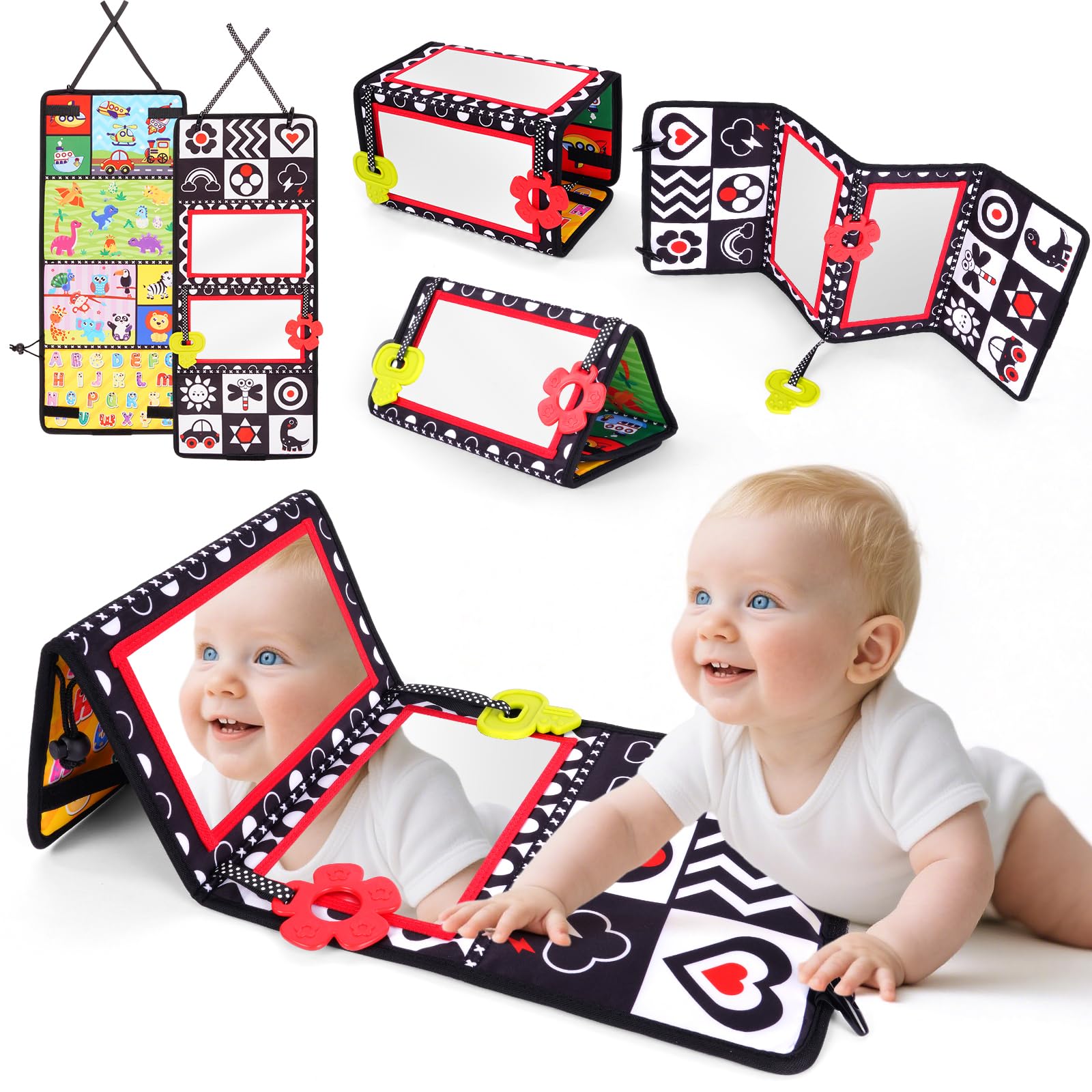 Vicloon Tummy Time Mirror Toys for Babies, Flip Mirror Foldable Baby Toys, Double-Sided Baby Mirrors with High Contrast Patterns, Black and White Babys Sensory Toys for Newborn 0-12 Months