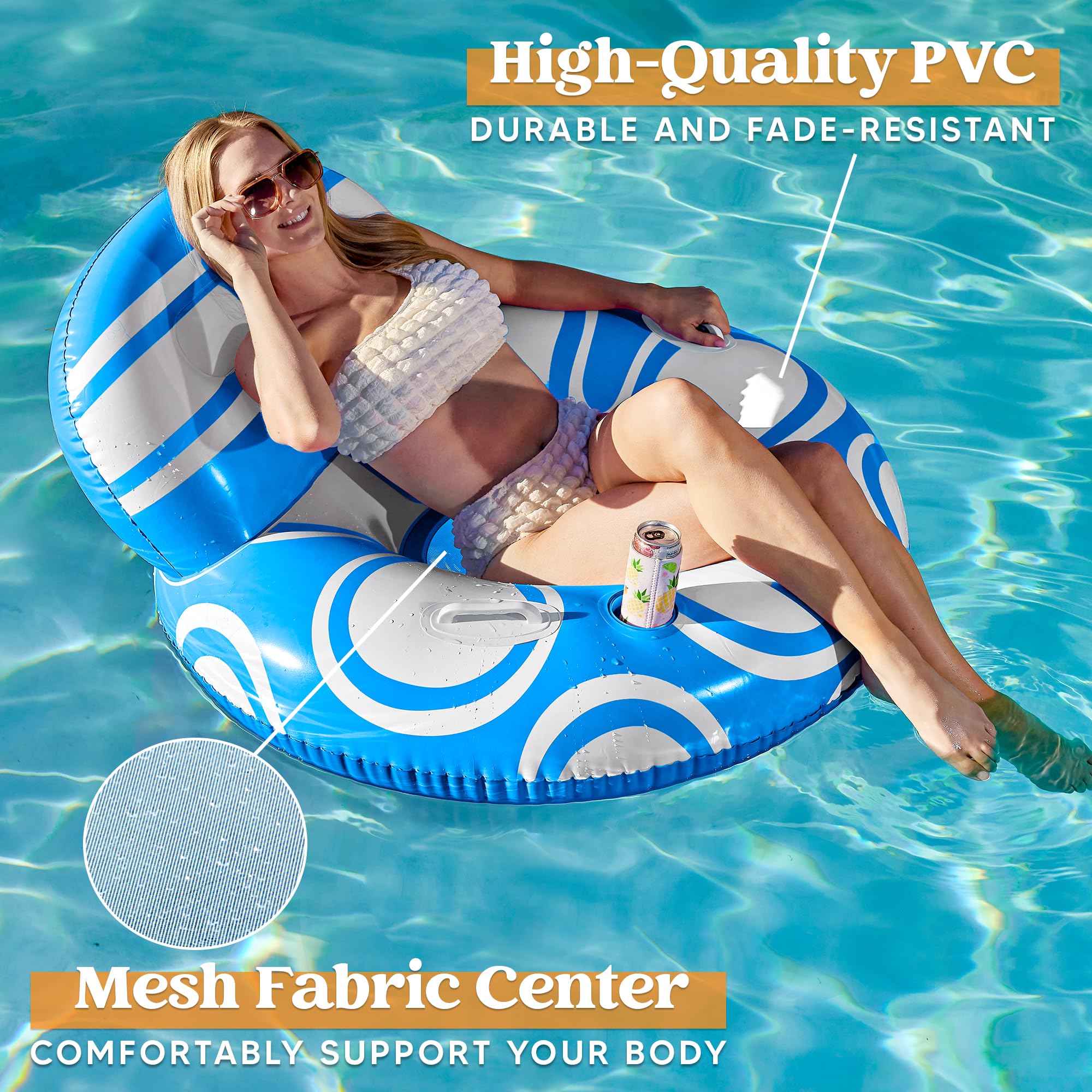 Sloosh Inflatable Pool Floats Lounger - Pool Floaties Blow Up Air Sofa Floating Chair with Big Backrest, Heavy Duty River Tubes Summer Lake Beach Water Float Raft Floaty for Adults (Blue White)