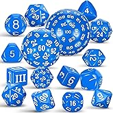 Civaner 15 Pcs Complete Polyhedral Dice Set D3-D100 Spherical RPG Dice Set in Opaque Black, 100 Sides for Role Playing Table Games Party Supplies(Blue and White)