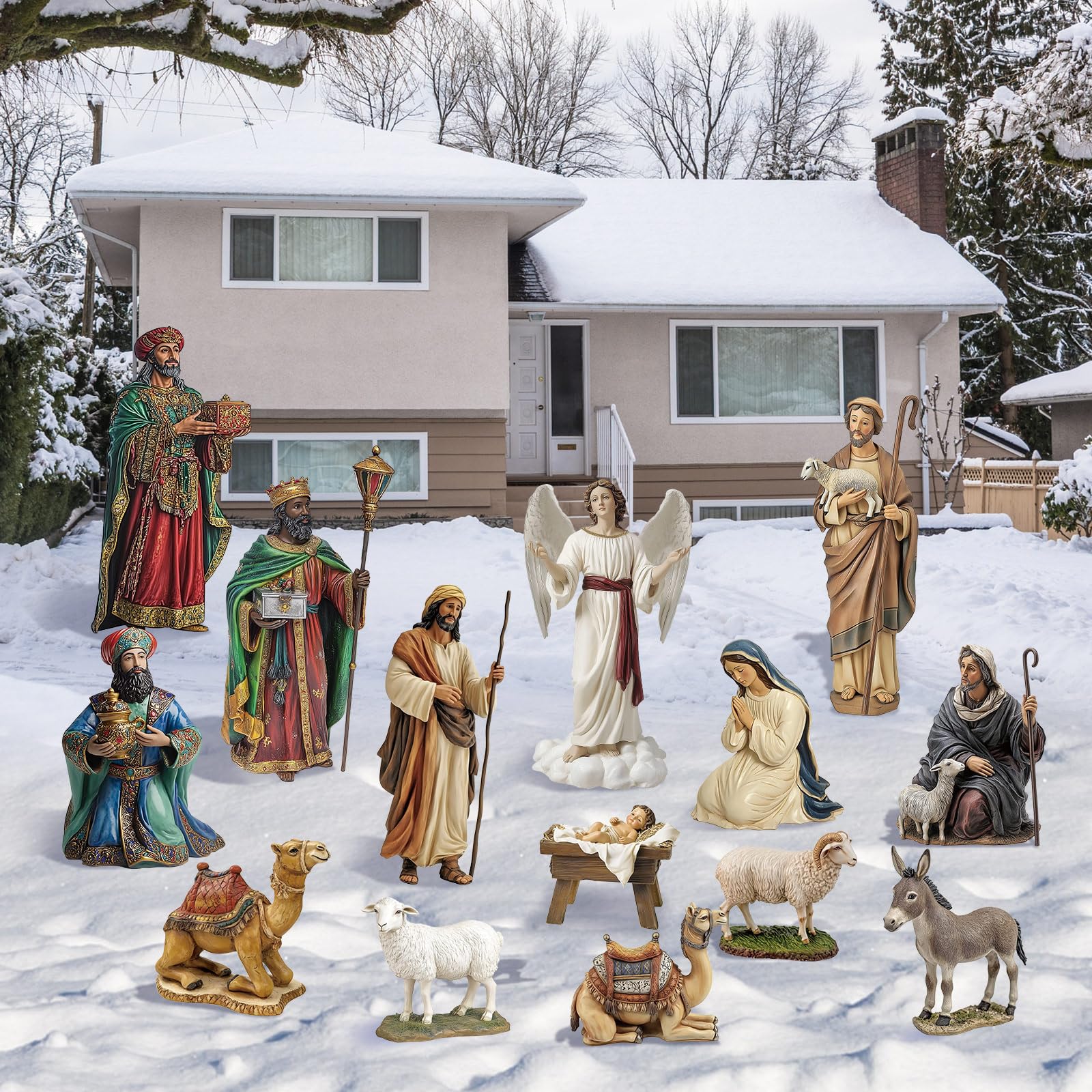 Photo 1 of 14 Pcs 11.9'' Tall Metal Christmas Outdoor Nativity Scene Set, Small Size Holy Family Yard Sign Decorations Weatherproof Nativity Lawn Signs with Stakes for Xmas Yard Garden Outside Home Decor