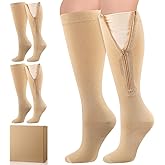 Chicingyou 3 Pairs Zipper Compression Socks with Inner Lining Easy on 20-30mmhg Closed Toe Knee High Support Compression Socks with Gift Box for Men Women Swelling Edema