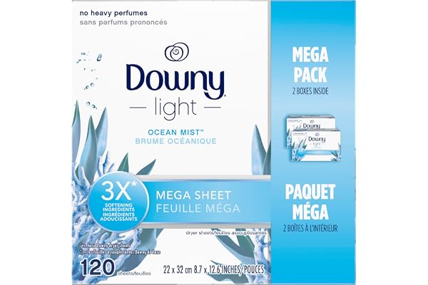 Downy Light Mega Dryer Sheets, Laundry Fabric Softener, Ocean Mist, 120 Count