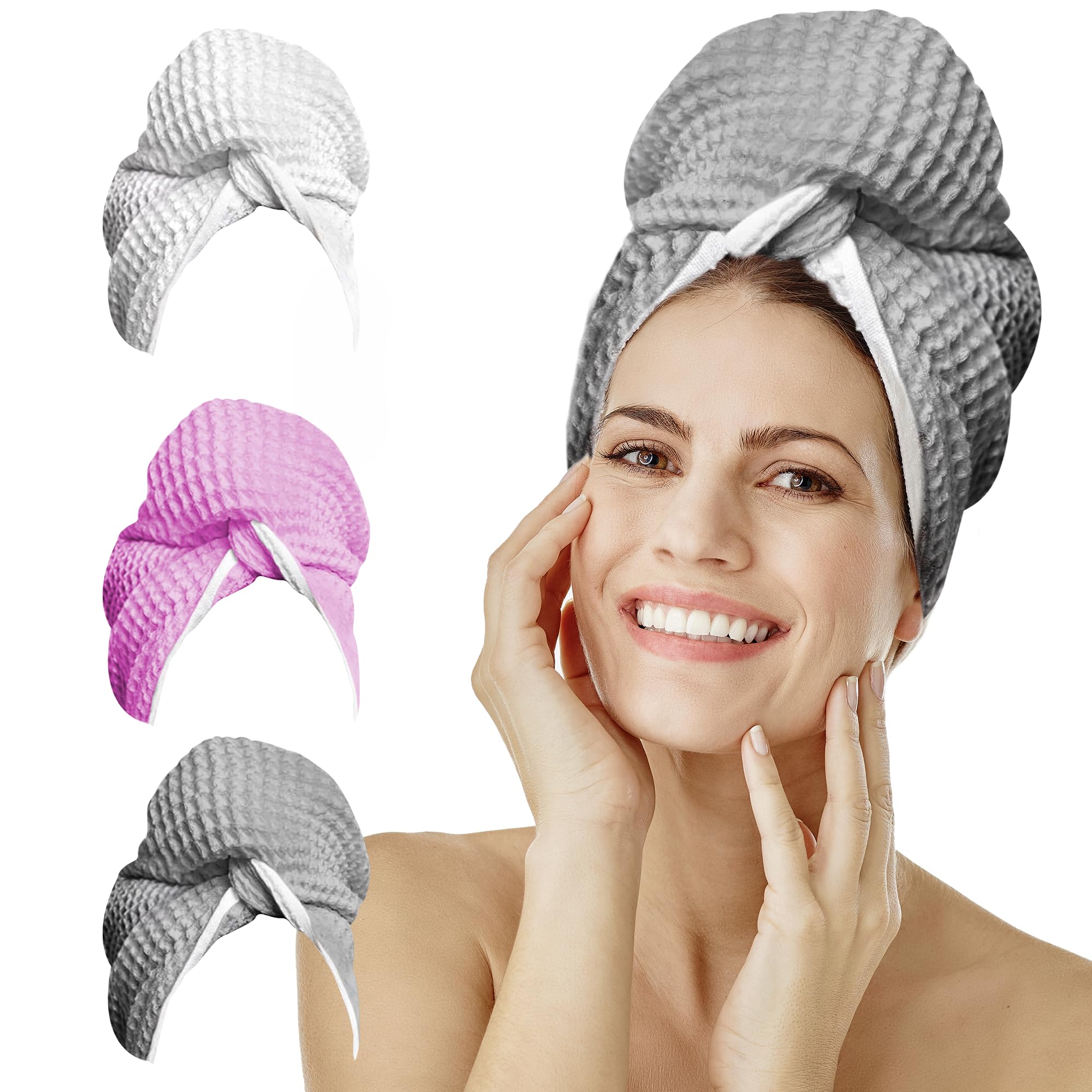 Photo 1 of desired body Microfiber Hair Wrap for Women - Extra Large 45 x 25 Quick-Dry Towel, Anti-Frizz, Breathable, Waffle Knit, Elastic Loop for Wet, Curly & Straight Styles - Grey - Microfiber Hair Towel
