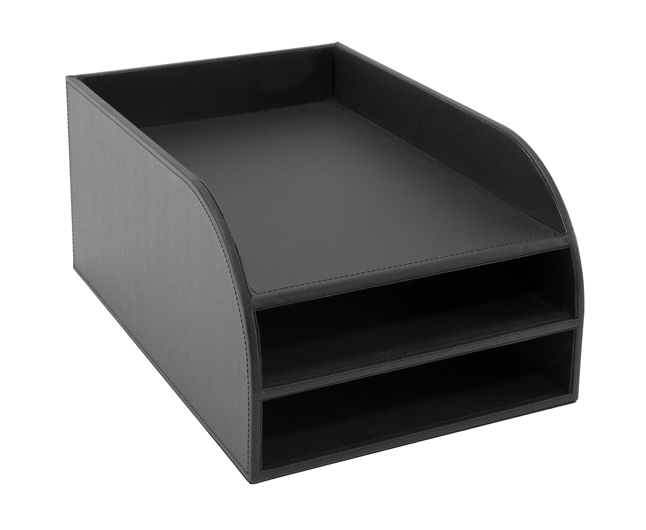 Osco Black Faux Leather Three Tier Letter Tray, Desk File Organiser, Mail Sorter, Document Holder, A4 Compatible, H17.5 x W25 x D37.5 cm