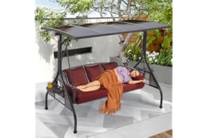 Yalissey 3-Seat Patio Porch Swing with Adjustable Hardtop,3 in 1 Convertible Outdoor Porch Swing for Adults,Patio Swing with Thicken Cushions,Pillows & Cup-Holders for Porch,Backyard,Garden (Wine Red)