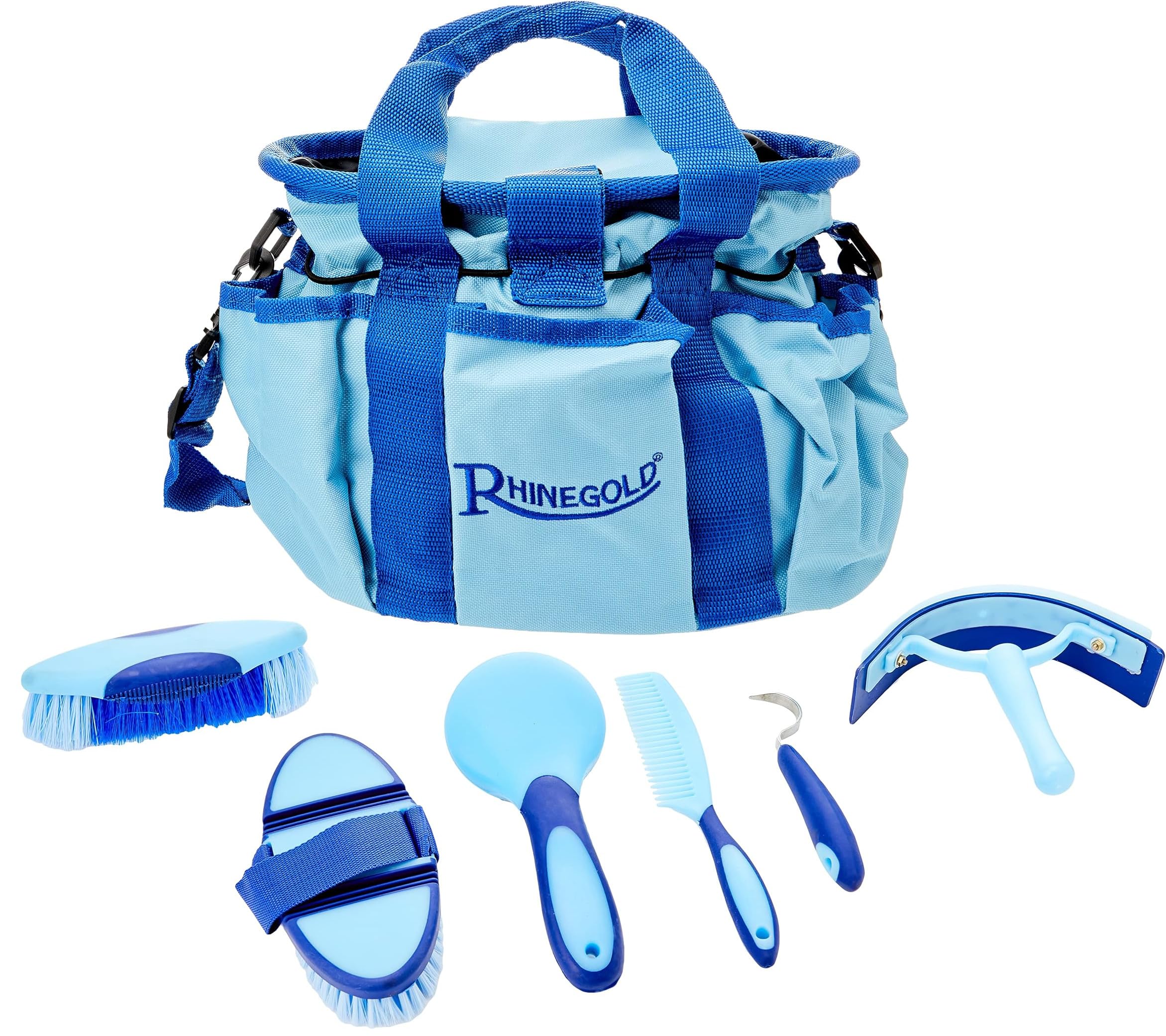 Rhinegold BLUE GROOMING BAG WITH KIT, 7 Pieces Equestrian Grooming Gift Set that Includes All Types of Horse Hair Brush, Curry Comb, and Hoof Pick with a Multipurpose Horse Grooming Bag