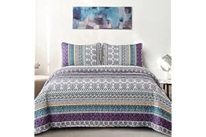 WONGS BEDDING Boho Quilt Set Twin Size, Purple Bohemian 2 Pieces Quilt Sets, Lightweight Bedspread Coverlet Bedding Set for All Season (86"x68")