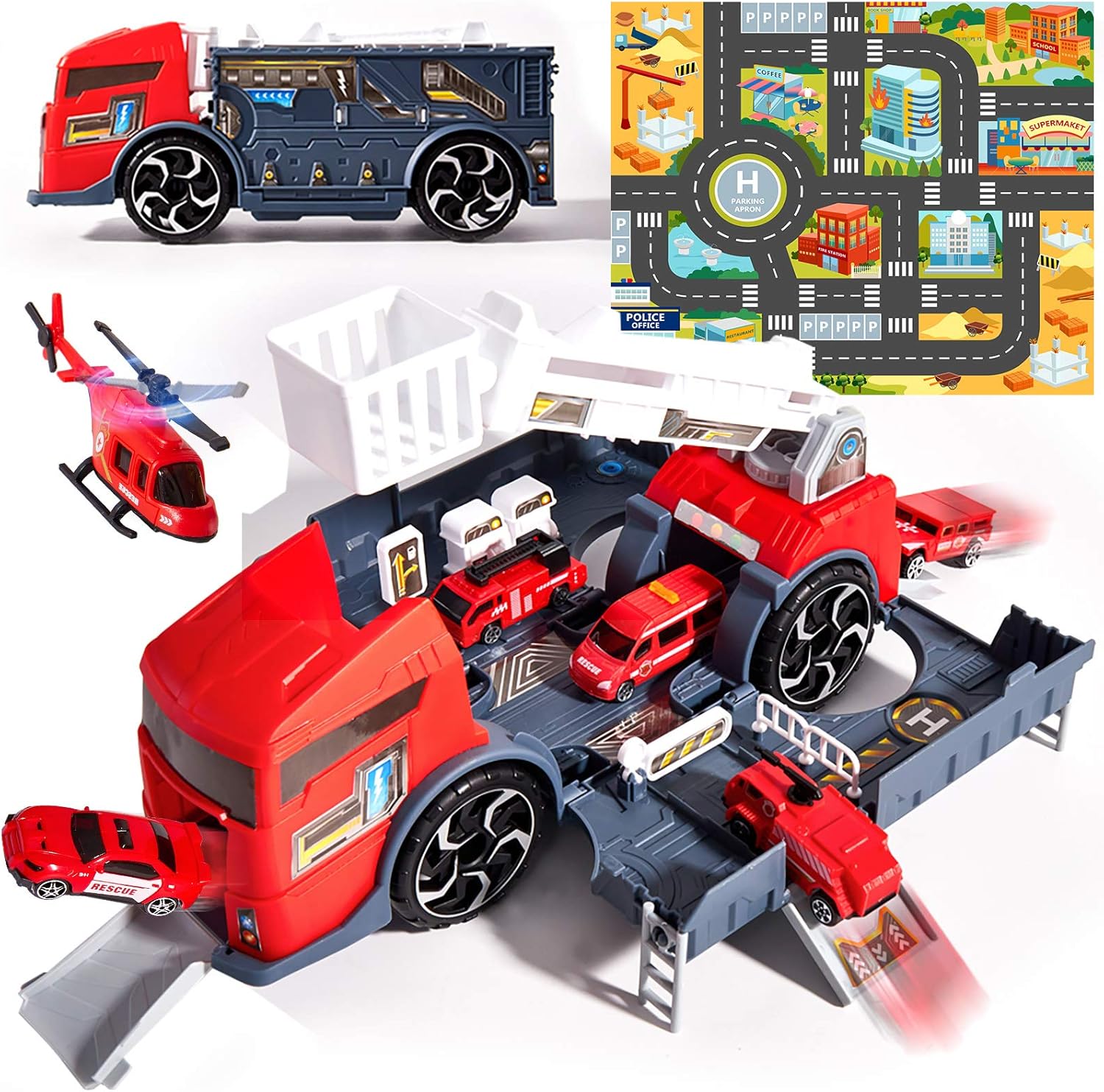 Rhybor Feuerwehrauto Spielzeug Set - 5 Mini Autos Mit Transport-LKW Für Kinder Ab 2 Jahren