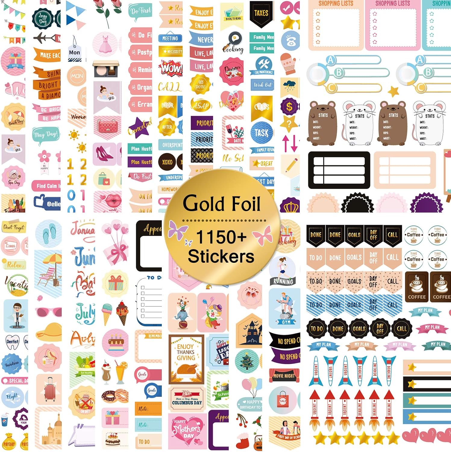 Mokani Gold Foil Planner Stickers, 1150+ Cute Colorful Stickers (21 Sheets) for Calendar Planner, Journal