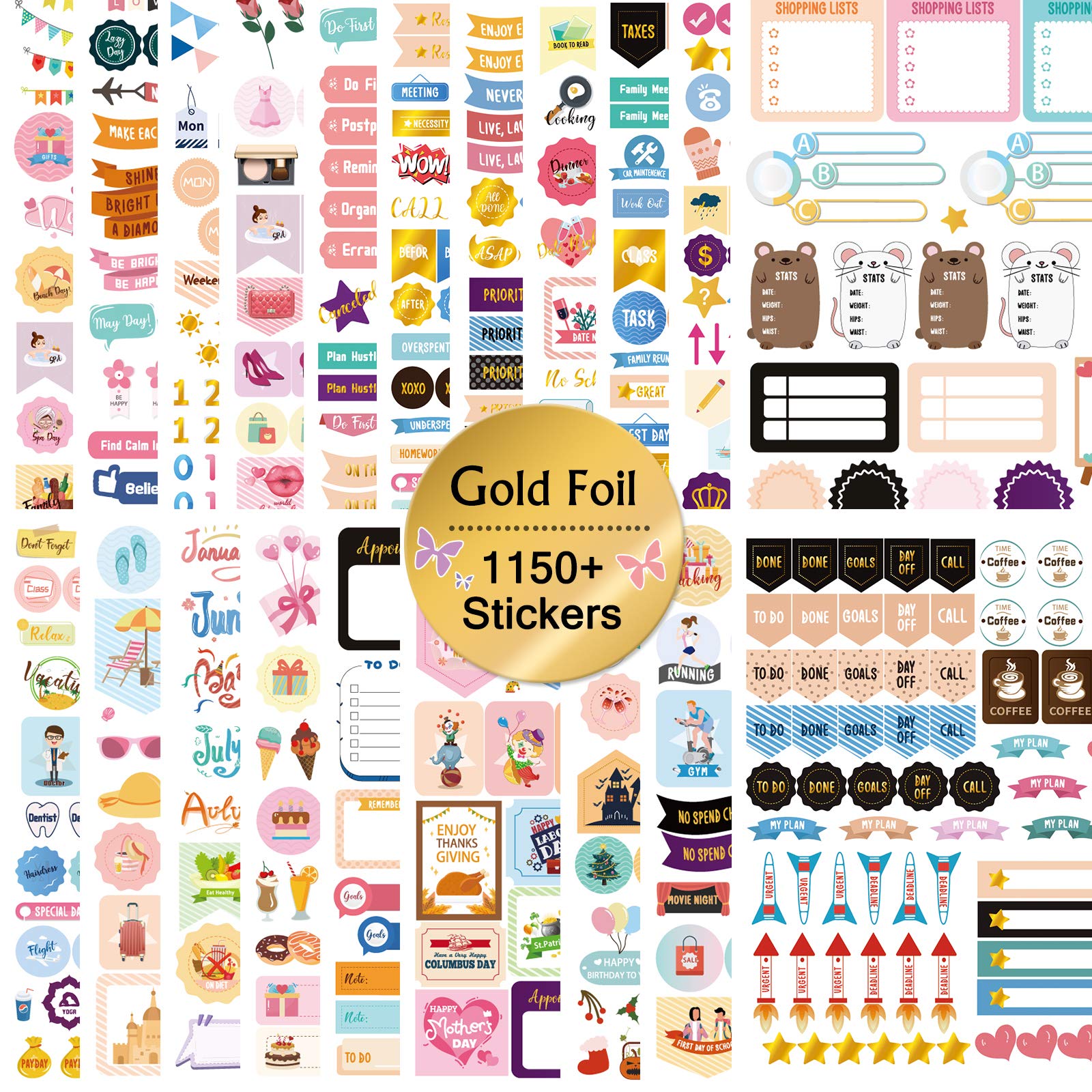 Mokani Gold Foil Planner Stickers, 1150+ Cute Colorful Stickers (21 Sheets) for Calendar, Planner, Journal - Perfect for Setting up Work, Daily to Do, Budget, Family, Holidays