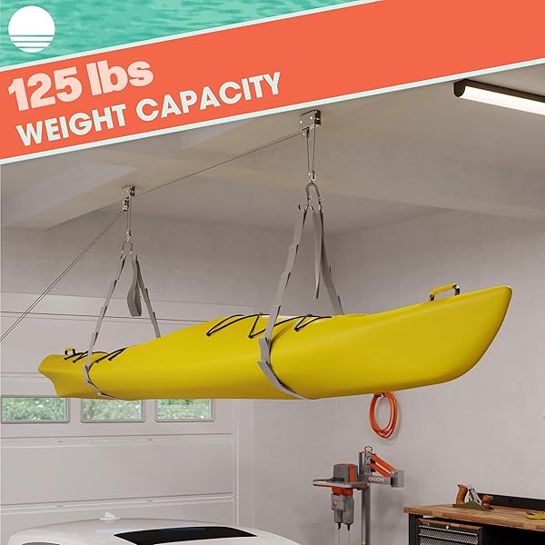 RAD SPORTZ KAYAK STORAGE HOIST – OVERHEAD PULLEY SYSTEM WITH 125LB CAPACITY FOR CANOES, BIKES, LADDERS, AND MORE FOR CEILINGS UP TO 12FT (GRAY)